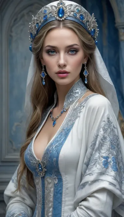 Lee Bogle. John Galliano. Sketch. Woman. High fashion A fashionable fantasy. Architecturally. Northern Khokhloma style. Blue, white, silver. Elegant