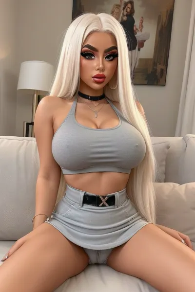 Living room, 18 year old woman sitting on couch, platinum blonde, long straight hair, hyper tanned skin, long fake eyelashes, hyper bimbo, big fake lips, tons of make-up, looking dumb, perfect face, insanely hot, curvy, voluptuous, massive fake breasts, tiny waist, round hips, round ass, perfect legs, very tight tank top, miniskirt, sneakers