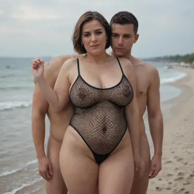 A souvenir photo, (((a skinny naked 20-year-old loser cuckold black boy cum in their black chastity and fishnet short))), ((a super sexy 45 year old white MILF mistress plump curvy mother with brown bobcut hair and a tall, chubby body in sheer swimsuit)), on the beach party, woman is pregnant and very sad, femdom mom, mistress mom, QOS, nice legs, completely, nude, NSFW