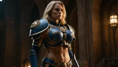 (one beautyful women), (Warhammmer-40k), (heavy fullbodyarmor), (epic detailed decorated armor), (energy sword), ((space-marine armor)), (face masterpiece), blond hair, (very tall athletic body), (giantic breasts), (busty), 3/4 view