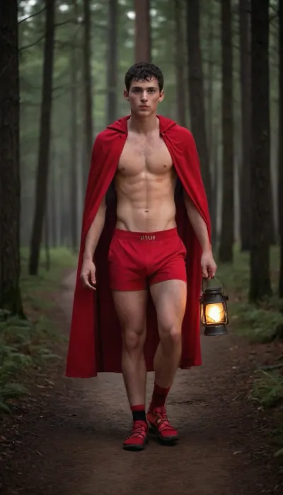 young male, black hair, thick hair, short hair, brown eyes, face has freckles, (freckles:1), text painted on male body "WOLF BAIT" with black marker, wearing red cape, wearing red lycra shorts with bulge, wearing red sandals, carrying a lantern, candlelight, walking along a path in a forest, <lora:bulgev1-beta:1.2>, <lora:Inata_Hot_Guys:.8>