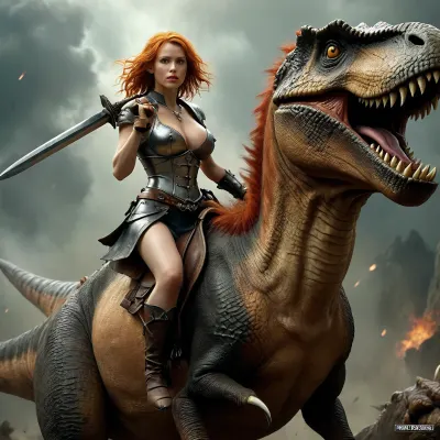 Ginger Joan of Arc riding a tyrannosaurus rex, riding, girl on the back of a T-Rex, in the style of a heavy metal album cover, holding a broad sword, large, breasts, big, boobs, huge, tits, <lora:MJ52:.8>, <lora:bombshell_v2:.4>