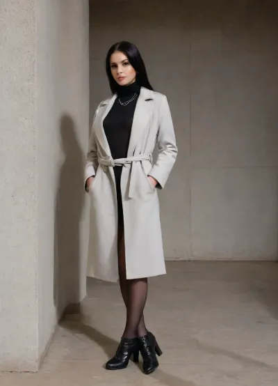 An Iranian woman in a minimalist contemporary outfit, standing in a modern architectural setting in Tehran — concrete and glass structures, shadows and geometric lines. She wears a monochrome long coat with clean cuts and a simple silk scarf. Her gaze is direct, confident, and bold. Soft studio-style lighting with hard shadows. Editorial-style fashion photography with an urban, futuristic tone., adjusting, footwear, <lora:adjustingfootwear_XL_v1:.8>, ChainHalter, <lora:ChainHalterXL:.8>