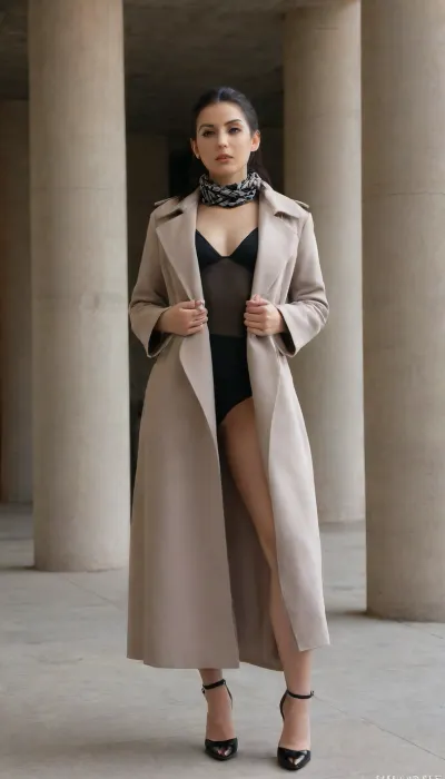 An Iranian woman in a minimalist contemporary outfit, standing in a modern architectural setting in Tehran — concrete and glass structures, shadows and geometric lines. She wears a monochrome long coat with clean cuts and a simple silk scarf. Her gaze is direct, confident, and bold. Soft studio-style lighting with hard shadows. Editorial-style fashion photography with an urban, futuristic tone., adjusting, footwear, <lora:adjustingfootwear_XL_v1:.8>, ChainHalter, <lora:ChainHalterXL:.8>