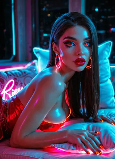 Horny girl long hair, (Long lashes), shiny skin, rich red lipstick, manicure, big hips, big lips, big Boobs, blue long dress, stockings, (neon, on cushions:1.3), leg up, (Neon), clutching, loock at viewer, view from behind, close-up