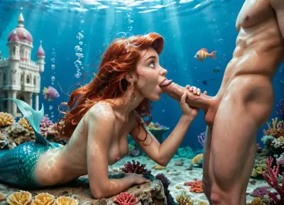 disney, redhead Princess ariel, the little mermaid, mermaid body, topless, messy hair, looks happy, moaning, wet body, wet hair, detailed background, perfect detailed body, detailed skin texture, cute face, realistic face, full body view, under the sea, sucking dick, male scuba diver, deepthroat, happy, enjoying, stroking dick, nude, breast exposed, FRESHIDEAS, Underwater, Palace, <lora:FRESHIDEAS Underwater Palace:.8>, mermaid, <lora:mermaid_xl_v1:.8>, side view, full body