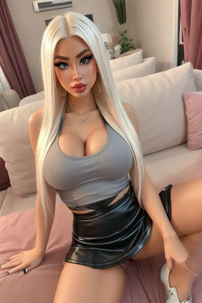 Living room, 18 year old woman sitting on couch, platinum blonde, long straight hair, hyper tanned skin, long fake eyelashes, hyper bimbo, big fake lips, tons of make-up, looking dumb, perfect face, insanely hot, curvy, voluptuous, massive fake breasts, tiny waist, round hips, round ass, perfect legs, very tight tank top, miniskirt, sneakers, close cleavage view from above