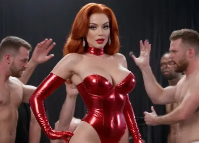 (masterpiece, ultimatequality), (Jessica Rabbit:2), (((naked neon lighted))), (amazing hourglass body), ((Jessica Rabbit intense makeup)), (red arm-sleeves), (super inflated lips), ((bimbo mouth lips:1.2)), (inflated fully round hard busty), (elbow-length straight vibrant red hair), (((hands tits around dick while sucking tip))), ((cum ejaculation:1.6)), (cum on tits), ((strip club crowded))