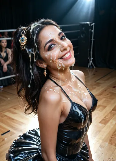 MILF, Pakistani woman ballet dancer, slim, (realistic human face), nice tits, cleavage, (wearing latex frilly tutu), (viewed from side and above), smiling, (on stage. Audience behind her), (small perky breasts:1.2), (cum on clothes:1.2), (cum on face:1.2), (cum in hair:1.2), (bukkake:1.1), gigantic, large, bukkake, cum, facialized, superfacialized, (), <lora:MS_Real_XL_Bukkake:1.9>, <lora:facialized:1.9>