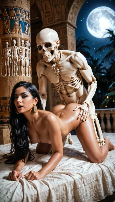 masterpiece, high resolution, ultra detailed, 8k, Night, Museum of Ancient Egypt, wall decorated with Egyptian bas-reliefs and hieroglyphs, ((two skeletons having sex in a doggy-style position)), super detailed photorealistic image, full body view view, 8K quality., skeleton, <lora:sdxlSkeletonLora:.8>