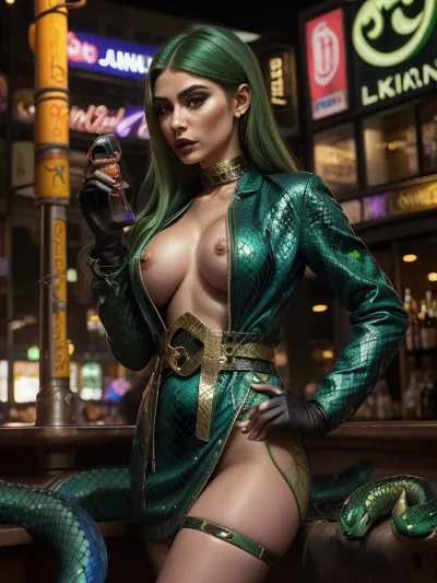 UHD 8K, photorealistic, ultra-realistic, super-detailed, visible bulges in the stomach, beautiful young snake woman 19 years old, extremely thin waist, wide hips, huge breasts, sweaty body, pain and pleasure, moaning face, tears on the cheeks, public humiliation, crowd of spectators, harsh lighting, dirty bar floor, spilled drinks, broken glass, nightlife in the city, detailed skin texture, 1girl, lamia, monster, girl, veraoberlin, green, skin, snake, hair, makeup, bracelet, blue, jacket, black, dress, <lora:snake_girl:.4>, <lora:veraoberlin-guy-v3:.3>