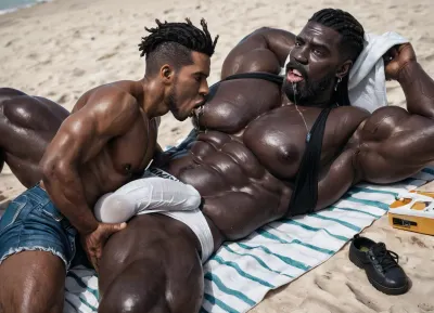 black daddy sucking big white cock, 60-years-old, muscles, big pecs, (big pecs:1.3), big bulge, big booty, full beard, big thick mustache, (dreadlocks:1), dark black skin, oily skin, (black skin:1.5), (black daddy:1.5), black daddy is sucking white cocks, denim, daisy duke short, unbuttoned denim short, flashy green thong apparent, (thong apparent), torn crop top, sneackers shoes, sucking big white dick, fucker white man, lying on towel, in sunny beach, saliva, (saliva:1.5), sucking cock hardcore gay, blow job, from front daddy view, look the viewer