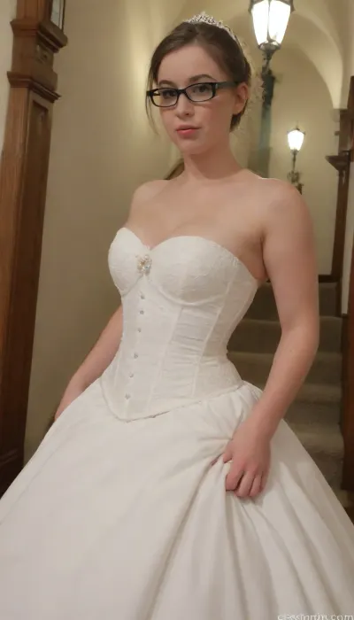 Raw pictures, shy modest tired curvy womanh with glases walking in garden, (thick body:1.2), saggy boobs, (A bride wearing a voluminous white ball gown with a sweetheart strapless neckline, a corseted bodice embroidered with lace and pearls, and a long cathedral train:1.4), dark light, tied dark brown hair, natural skin, visible pores, freckles, slight acne scars, redness around the nose, and uneven skin texture, high quality, Best quality, realistic, person in the frame but poorly centered, partially cropped out, off-frame composition, head cut off, awkward camera angle, unbalanced shot