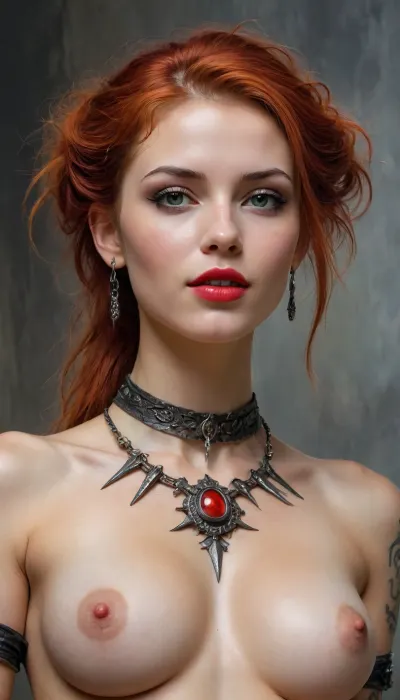 Beautiful warrior maiden, 15 years old, young, skinny, (tattoos on the body), d&d character, fantasy, a necklace made of bones, psychotic, smiling, with intricate details, iridescent, bright colors, trending on artstation, Jean-Baptiste Monge, Michael Garmash, body-oriented art reflecting the style of Aaron Horkey, Jeremy Mann and Luis Royo. composition from a low angle, seductive figure, dark fantasy, dynamic composition, black, white, red lipstick, warm shades made with colorful ink, red hair, demonstrate acrylic calligraphy, watercolor techniques organically combined into a masterpiece of maximalism, detailed gouache fluidity, "golden hour" light, hyperrealism, hyperrealistic, hyperdetailed, 64 KB, ultraHDR, cunfront, cunback, cunabove, cunbelow, cunpov, female_pov, ass, head, between, hips