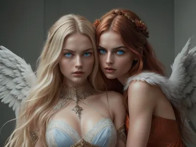 ((one girl is a demon with fiery red eyes, and the other girl is an angel with fiery blue eyes)), Complex 3D rendering with high detail, ((looks very cute)), complex 3D rendering with high detail, 150 mm, beautiful soft light, bright details, luxurious, hyperrealistic, anatomical, facial muscles, elegant, octane, SLR camera, 8K, high quality, analog style, professional, detailed skin texture, detailed hair texture, detailed pores, best quality, highest quality, cinematic lighting, ((full-length)), (volume lighting), extremely detailed CG unity 8k wallpapers, focused, 8k wallpapers, 4k wallpapers, extremely detailed, ultra-realistic, photorealistic, with sharp focus, absurd, (HDR:1.2), (high contrast), photography, detailed and complex