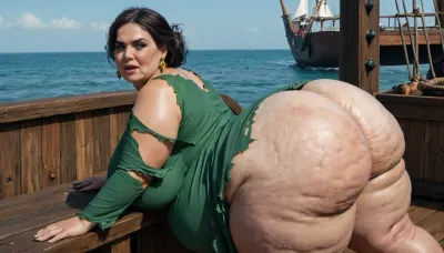 17th. century- chubby, 1 solo woman- extreme fat, obese, slight cellulite, overfed, fat rolls belly, fat, wobbly ass, wide hips, fat double chin face bbw spanish mature aristocrat women, ((torn, green dress, diamonds, jewelry)), ((dark hair)), (makeup), groped by angry, ugly, horny, extreme skinny bearded, old british pirates, (complete pirates style clothed, 17th.century-not nude!!), with small cocks on pirates ship, sotprt, <lora:Pirates-Sotprt-XL:.8>, background on the deck of an old pirate ship
show only 1 woman and the pirates !!!