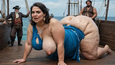 17th. century- chubby, one extreme fat, obese, slight cellulite, overfed, fat rolls belly, fat, wobbly ass, wide hips, fat double chin face bbw spanish mature aristocrat women, ((torn, blue dress, one breast out, diamonds, jewelry)), ((dark hair)), (on all fours, ass fucked by angry, ugly, horny, extreme skinny bearded, old british pirates, (complete pirates style clothed, 17th.century-not nude!!), with small cocks on pirates ship, sotprt, background on the deck of an old pirate ship)