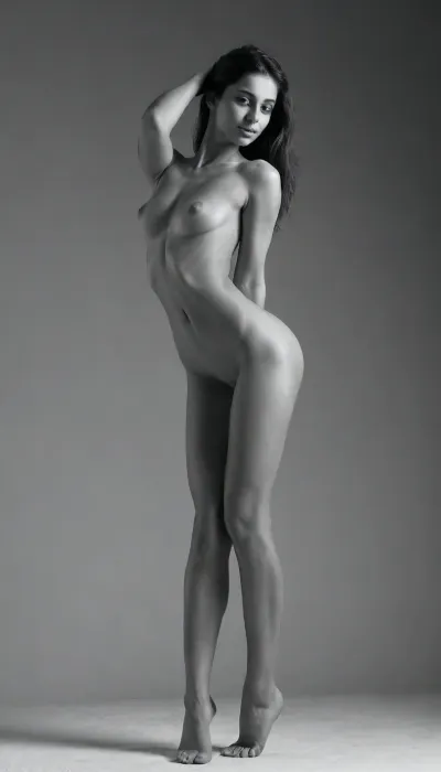 thin black high thigh, Elegant and tasteful nude pose, expressive body language, artistic emphasis on form and texture, A nude fine art photograph of a slender Iranian female model posing gracefully, natural lighting with soft shadows, cinematic atmosphere, inspired by Rembrandt lighting, focus on body curves and elegant posture, smooth skin texture, monochrome color grading, studio background, high-resolution, 85mm lens, f/1.8 depth of field, photo-realistic, ultra-detailed, haze-light-1800