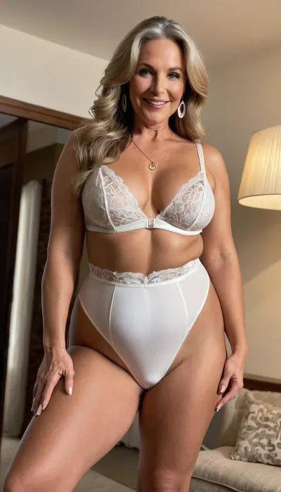 old mature, sexy 50 years, dark blonde, long hair, tan skin, very glamour, big hoop earrings, necklace, wide hip, big culottes, chubby, long legs, thick legs, very tall, natural saggy tits, natural saggy boobs, at the fancy room, selfie, full body view, looking at the camera, sexy naught orgasm smile face, mules sexy heels, charming, very hot and horny, very high waisted sexy white lingerie, the most high waisted sexy underpants lingerie in the world, long sleeve lingerie
