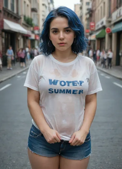 young chubby woman, blue hair, thick, large clothes, t-shirt, short shorts, pale skin, street in new york, hot summer, very sweating. body is wet and soaked. clothes are wet and soaked. face is wet and soaked. hair is wet and soaked, <lora:Sweaty_Realism_4-000006:2>