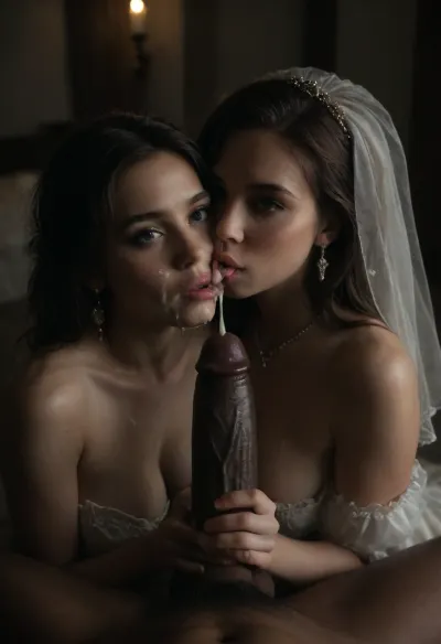 (POV of an giant black man with large oily black penis cum shot on the cuckold Groom and bride's face), huge amount of cum on both faces, cumbucket face, (((The white cuckold man is kiss the bride))), a Curvy Persian bride in a beautiful white slutty and cutout wedding dress sitting on a luxurious bed, ((both looking at each other lovingly)), soft candlelight and moonlight glowing in the room, rose petals scattered around, dreamy and intimate atmosphere, fantasy style, highly detailed, A romantic bedroom scene, cinematic lighting, romantic_couple_poses, green, eyes, blue, brown, perfecteyes, woman, cum, on, face, BadX, <lora:dark:.4>, <lora:1365620_training_data:.7>, <lora:PerfectEyesXL:.5>, <lora:JustCum:.5>