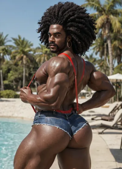 denim mini shorts, red thong, daisy dukes, extremely denim shorts, suspenders, bulge, huge, Sexy, sexual black afro daddy man is beautiful, cinematic style, Beefy old black afro daddy, 60-years-old, big muscles, big pecs, big bulge, big booty, full beard, big thick gmustache, dreadlocks hair, (dreadlocks:1.1), (big pecs:1.3), (big ass:1.6), old daddy, (beefy daddy:1.5), dark black skin, (black skin:1.5), oiled body, only gay male, solo, hot teasing picture, sunny palm trees, beach