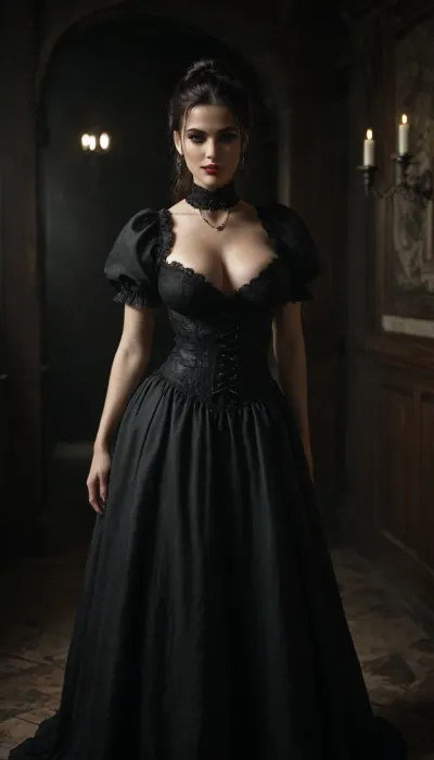 a beautiful busty Victorian witch in a large wooden hall filled with candelabras everywhere, (black hair in a ponytail), looking at viewer, elegant black dress with puffy lace sleeves, wasp waist, leather heels, (round breast implants), red lips, ((smiling)), blue eyes, a skull make of smoke floating above her hands, bmb-fc, msfg, <lora:dark:.2>, <lora:fog_creatures_v4:.8>
