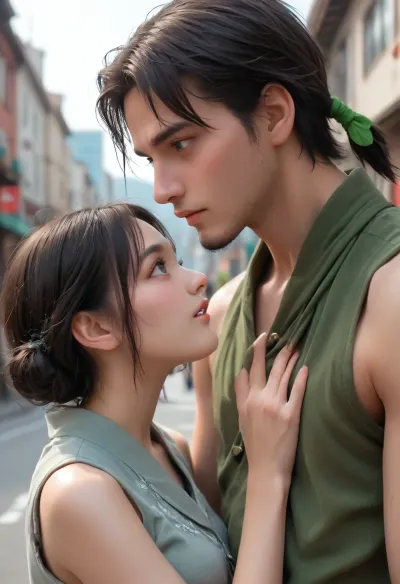A Man and a Woman, ((facing each other)), in a traditional Chinese city. BREAK 18 year old short Korean girl with, (looking straight ahead), with, (((pale grey eyes))), blushing pale milky skin and short black hair with a green bandanna, wearing a traditional green sleeveless shirt. BREAK 22 year old tall native American man, with blue eyes, a short goatee, and a buzz hair cut, wearing a traditional blue tang top with fir at the shoulders.