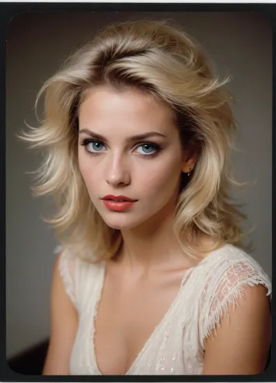 ziprealism, (1980s rock star, fierce attitude, seductive pose, 1980 fashion:1.6), (intimate analog snapshot esthetic, analog photo, rounded picture border, scanned photograph, sharp focus, medium closeup, focus on eyes:1.8), (ash blonde hair, 1980 hair style, glam hair, feathered hair:1.6), (livid lipstick:1.2), (dorm, dorm room, college bedroom, 1980 decor:1.6), (masterpiece, best quality, 8k, RAW photography, award-winning, uncompressed, maximum quality), (professional color grading:1.2), (softly blurred background, soft bokeh), (natural skin texture, realistic skin details, subtle vellus hairs), (maximum clothing detail), (maximum hair detail, natural hair texture), (perfect eyes, maximum eye detail, expressive eyes, realistic eye texture:1.4)