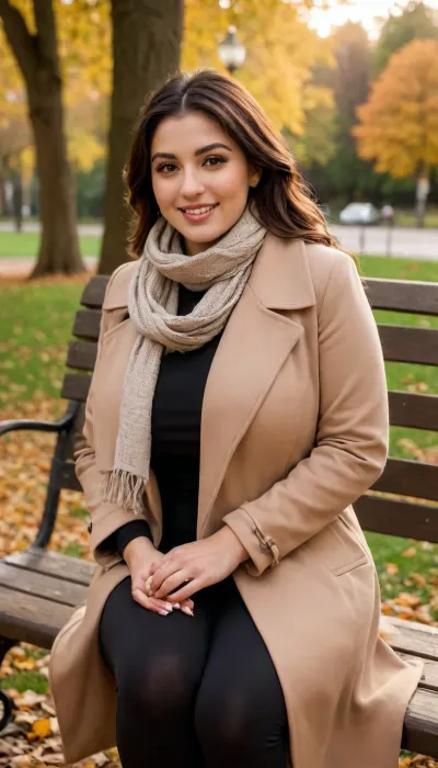 A curvy Iranian woman sitting casually on a park bench surrounded by fallen autumn leaves, wearing a fitted long-sleeve top, black leggings, an open long manteau, and a loosely tied Iranian-style scarf, relaxed and smiling, soft golden light, warm tones, natural makeup, fashion photography style, Canon 85mm lens, shallow depth of field, adjusting, footwear, BadX, huge, breasts, massive, <lora:adjustingfootwear_XL_v1:.8>, <lora:add-detail-xl:.8>, <lora:SDXL_MassiveCowsLoRA_v1:1.3>