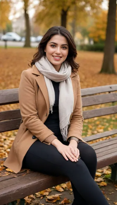 A curvy Iranian woman sitting casually on a park bench surrounded by fallen autumn leaves, wearing a fitted long-sleeve top, black leggings, an open long manteau, and a loosely tied Iranian-style scarf, relaxed and smiling, soft golden light, warm tones, natural makeup, fashion photography style, Canon 85mm lens, shallow depth of field, adjusting, footwear, <lora:adjustingfootwear_XL_v1:.8>, BadX, <lora:add-detail-xl:.8>