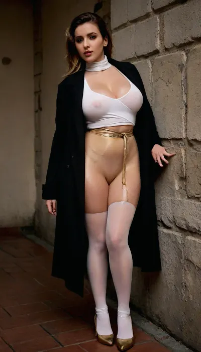 A curvy Iranian whore model leaning asymmetrically against a textured stone wall, one arm propped up and the other resting on her waist, looking directly into the camera, wearing a fitted white top and oversized black manteau, paired with striking high-waisted patterned tights in bold geometric shapes, (black, white, and gold), scarf loosely tied around neck, dynamic lighting creating sharp shadows, editorial vibe with strong contrast





. adjusting, footwear, BadX, huge, breasts, massive, (((looking, viewer))), (((splash, pad))), ((spray, water)), ((wet, body)), RealPantyhose, <lora:adjustingfootwear_XL_v1:.8>, <lora:add-detail-xl:.8>, <lora:SDXL_MassiveCowsLoRA_v1:1.2>, <lora:streephoto:1>, <lora:RealPantyhose_XL:1.1>