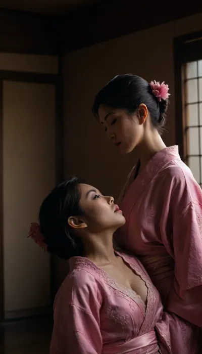in japanese traditional house, japanese woman, short hair, luxury lace bra, pink kimono, fucking, side view, Missionary, on the back, man over the woman, <lora:add-detail-xl:2>, <lora:dark:.8>, <lora:SDXLHighDetail_v6-000005:.8>