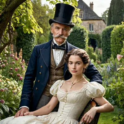 Photography in style of a 19th century couple portrait, of one older gentleman and his young wife, in a lordly garden.
The man is dressed like a rich 19th century gentleman, wearing a suit, monocle, top hat, mustache. On his side is a petite, young woman, wearing a simple 19th century wedding dress.