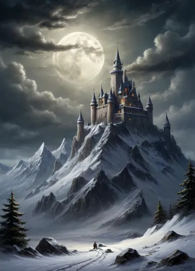 A medieval castle in the snow-capped mountains, above which a full moon hangs in the night sky among dark clouds., Art, by, Boris, Vallejo, Style, greg, rutkowski, <lora:Fantasy_art_XL_V1:.8>, <lora:greg_rutkowski_xl_2:.8>