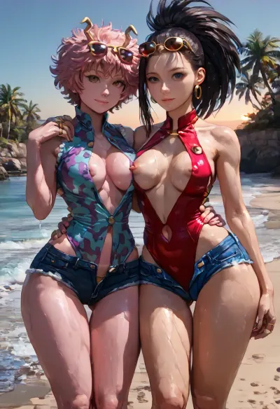 (Momo Yaoyorozu, ((breasts:1.8)), defined abdomen, ((swimsuit, front opening, gold metal rings, dark blue)), thick pears, ((legs:1.6))), (Mina Ashido, sunglasses on head, ((breasts:1.6)), topless, denim shorts, silver buttons, ((hips:1.6)), bulge in crotch, ((legs:1.6)), pink skin), 2girls, wet bodies, (wet:1.4), hugging, looking at viewer, POV, blue sky and sea, sunset, palm trees, sand