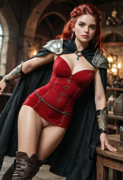 Extremely beautiful elegant elf woman, mid-thirties, (youthful oval face with high cheekbones), graceful, (long wavy red hair, braided with silver ribbons), (round green eyes), (wearing a fitted, red dress with subtle embroidery reinforced with elven armor, a dark cloak and high leather boots), (in dark medieval tavern), realistic detailed face, realistic detailed hair, realistic detailed body, realistic detailed skin, realistic detailed shaved pussy, realistic detailed breasts, random view angle, action pose, hkstyle, detailxl, <lora:add-detail-xl:1.5>, <lora:style_lora_realis:.5>, <lora:hkstyleV5:.8>