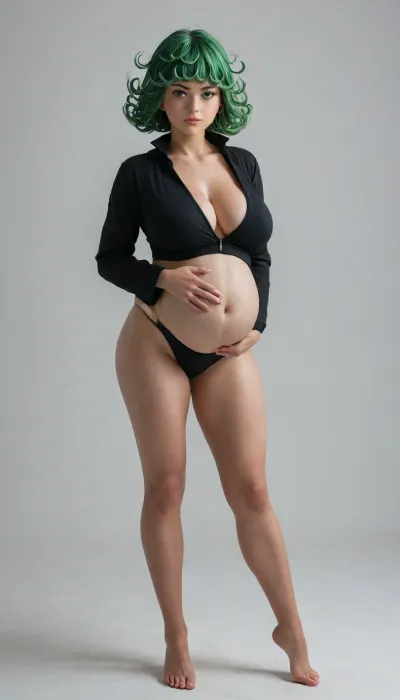 (((((Tatsumaki))))), Posing in a simple black bodysuit, seamless white background, thin body, clean, minimalist aesthetic, soft shadow lighting, focus on body lines, medium body view, professional fashion photography, pregnant, gigantic breasts
