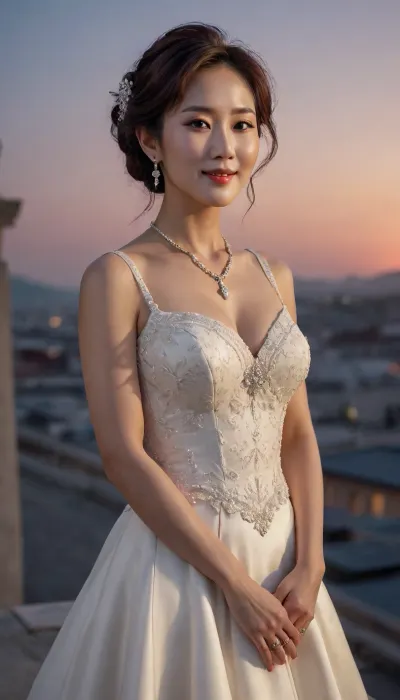masterpiece, mid night time, outside, luxury mansion, gorgeous church, (60 years old Korean MILF woman), luxury sexy wedding dress, best quality, smile, photorealism, neclace, wedding ceremony photo, a tall model posing confidently on a rooftop, dramatically, sunset sky, editorial fashion style --v 5, <lora:289505_training_data:.8>