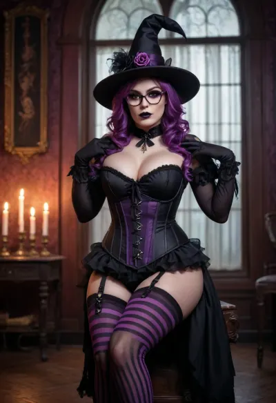Witch, sitting, (holding skull), dark purple and black striped thigh highs, low-cut black corset top, dark witch hat, pink glasses, dark background, (gothic aesthetic), slightly exaggerated features, (large breasts), haunted manor setting, ornate dark background with pipes, dim lighting, (white skull), soft lighting