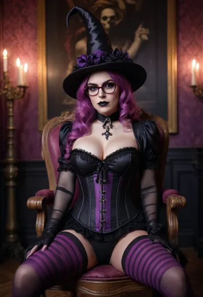 Witch, sitting, (holding skull), dark purple and black striped thigh highs, low-cut black corset top, dark witch hat, pink glasses, dark background, (gothic aesthetic), slightly exaggerated features, (large breasts), haunted manor setting, ornate dark background with pipes, dim lighting, (white skull), soft lighting