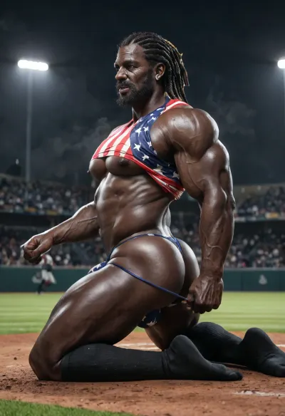 A black slut daddy, 60-years-old, muscles, big pecs, (big pecs:1.3), big bulge, big booty, (big booty:1.4), full beard, big thick mustache, (dreadlocks hair:1.1), dark black skin, (black skin:1.4), (old black daddy:1.5), black slut daddy, american flag crop-top, american flag thong, (torn ripeps:1.3), big bulge thong, long sport socks and old worn sneackers, big balls, nice round booty, sexy picture, kneeling on baseball stadium, lift up baseball batte, dark night, one candle light, full-length, only gay, fog, (fog:1.2), full-length view, only solo picture, hot teasing daddy, sexy poses for the viewer, from rear view, lip bite, arrogant attitude