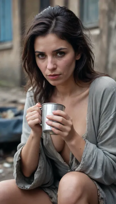 RAW photo, close up, a fit woman Looks like a homeless tramp, dirty face, (((drinks tea from crumpled aluminum mug))), (((dressed in torn rags))), ((cleavage)), ((sсared:1.3)), ((in slums)), ((dark hair)), <lora:ImagineMore01_CE_SDXL:.8>