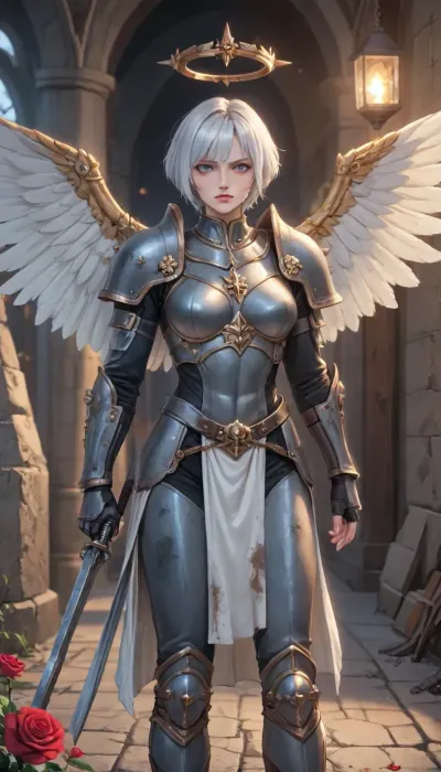 adepta sororitas from warhammer 40k, drawn in anime style with defined muscles all over her body, there is scars dirt and soot on the face, sharp chin, sharp cheekbones, blue eyes, dirty short white hair, pixie cut haircut, disgust at what is happening on her face, extremely muscular body, extremely defined muscles, hourglass figure, perfect round breasts, (adepta sororitas armor:1.8), standing, posing, around the interior of a medieval fortress, illuminated by the torch light, perfect fingers, style anime, inspired illustration, oda, non, front view, whsororitas, edgAdepta, wearing, power, armor, shoulder, skull, emblem, iron, halo, wings, sword, chain, barefoot, ARGENT, SHROUD, BLOODY, ROSE, ADEPTA, SORORITAS, WARSUIT, MECHANICAL, WINGS, sob, <lora:cartoon_stickers_xl_v1:1.4>, <lora:hentai_anime_style_xl_v1:1>, <lora:AnimatedNightmaresStyle:.1>, <lora:EnvyBeautyXL02:.8>, <lora:Sisters-of-Battle-subset-000004:1.3>