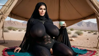 3 oriental lace burqa clad mature curvy women with big breasts, women with very long black hair sitting in the desert under an oriental tent on an oriental tepee enjoying mint tea Dark Fantasy Art of, a female assassin in a black burka covering her face, burka style, blue eyes, massive breasts, detailed relief breasts, dark, atmospheric, dark fantasy style, burka, black lace bra, perfect figure, garter belt as knife holder, desert landscape, wide pelvis, big tits, beautiful long legs, ohwx, woman, full view, posing, <lora:SDXL_GigaTits:.4>, uberfit, muscular, athletic, <lora:uberfit_lora_sdxl:.8>, <lora:clothing_slider_v19_000000030:.8>