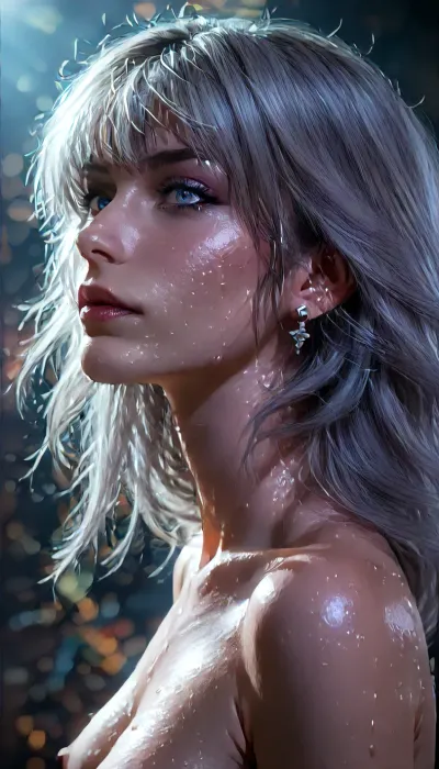 Rating_explicit, ethereal fantasy photography, (score_9, score_8_up, sharp focus, masterpiece, perfect eyes), young face, perfect lighting, (best lighting), highest quality, ultra-detailed images, fine details, high resolution, 8k, uncensored, shiny_skin, (bangs messy long grey hair), petite, Euro-American, Incredibly beautiful girl, (small body), (glossy skin), (White skin), head, 1girl, (tiny_body), small_breasts, medium_breasts, grey_eyes, very detailed face, seductive pose, (Sweat), (pleasure, bewildered, Horny), (her face and expression showing a mix of submission and ecstasy and exhaustion), wide hips, ((half open eyes)), (lustful face), luscious sensual lips, natural beauty, eternal beauty, Side profile close-up, Legacy lighting, bright 1-alpha .5>, long silky raven black hair hides her face in shadow. Minimalistic dark chiaroscuro lighting and creates a dramatic effect. The overall mood of the image is sensual and seductive, with hints of anticipation and desire, (wet), (black background, chiaroscuro lighting:.5), ZipRealism, ​Moody, mysterious, magical, shallow depth of field, Shot from Stanley Kubrick movie, shot on Kodak film, extreme snatched waist, pencil waist, hour glass body, perfect ass, (big round athletic ass), ((Tight tiger, tight shorts​)), ((Hand on Hip Pose)), behind view, from side, from above, wide-shot, <lora:reallora1:.5>, <lora:Oxygen girl_SDXL1.0:.5>