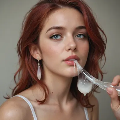 A 30 year old red haired woman drinking cum from used condoms.