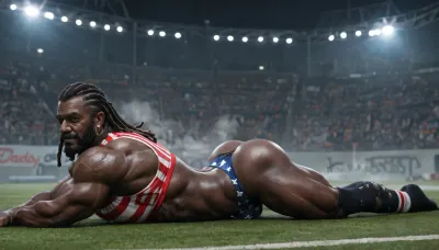 A black slut daddy, 60-years-old, muscles, big pecs, (big pecs:1.3), big bulge, big booty, (big booty:1.6), full beard, big thick mustache, (dreadlocks hair:1.1), dark black skin, (black skin:1.4), (old black daddy:1.4), black slut daddy, american flag crop-top, american flag thong, (torn thong:1.2), big bulge thong, long sport socks, old dirty sneackers, base-ball cap, lot of base-ball balls on floor, sexy picture, lying on base-ball stadium, base-ball batte holding behind his head, dark night, full-length, only gay, fog, (fog:1.4), full-length view, only solo picture, hot teasing daddy, sexy poses for the viewer, from rear view