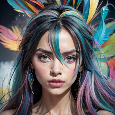 abstract style cute, smoke, in the argentine pampas, colorful and vibrant, mystical colors, contemporary, impressionism, [[[iridescent perspective view]]], worm's-eye view, sweeping circling composition, large beautiful crystal eyes, big irises, heartlips, a topless slender pretty woman with a very pretty coquettish face, non-representational, colors and shapes, expression of feelings, imaginative, panorama, cinematic, filmic grain