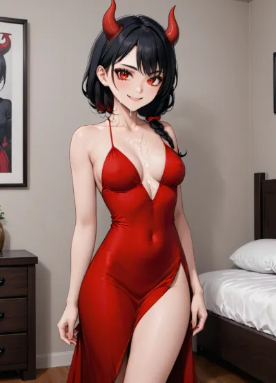 painted art, not photo, anime art, The devil from VK stickers, art, drawing, sexy pose, slim girl, tall, average chest, not big chest, fit, red tight dress, dress with a slit at the bottom, medium breasts, black hair, small horns, standing in the bedroom, good art, the devil from VK stickers, not a photo, smiling, all over her face in cum, lots of cum on her face and chest, a lot of cum on her
